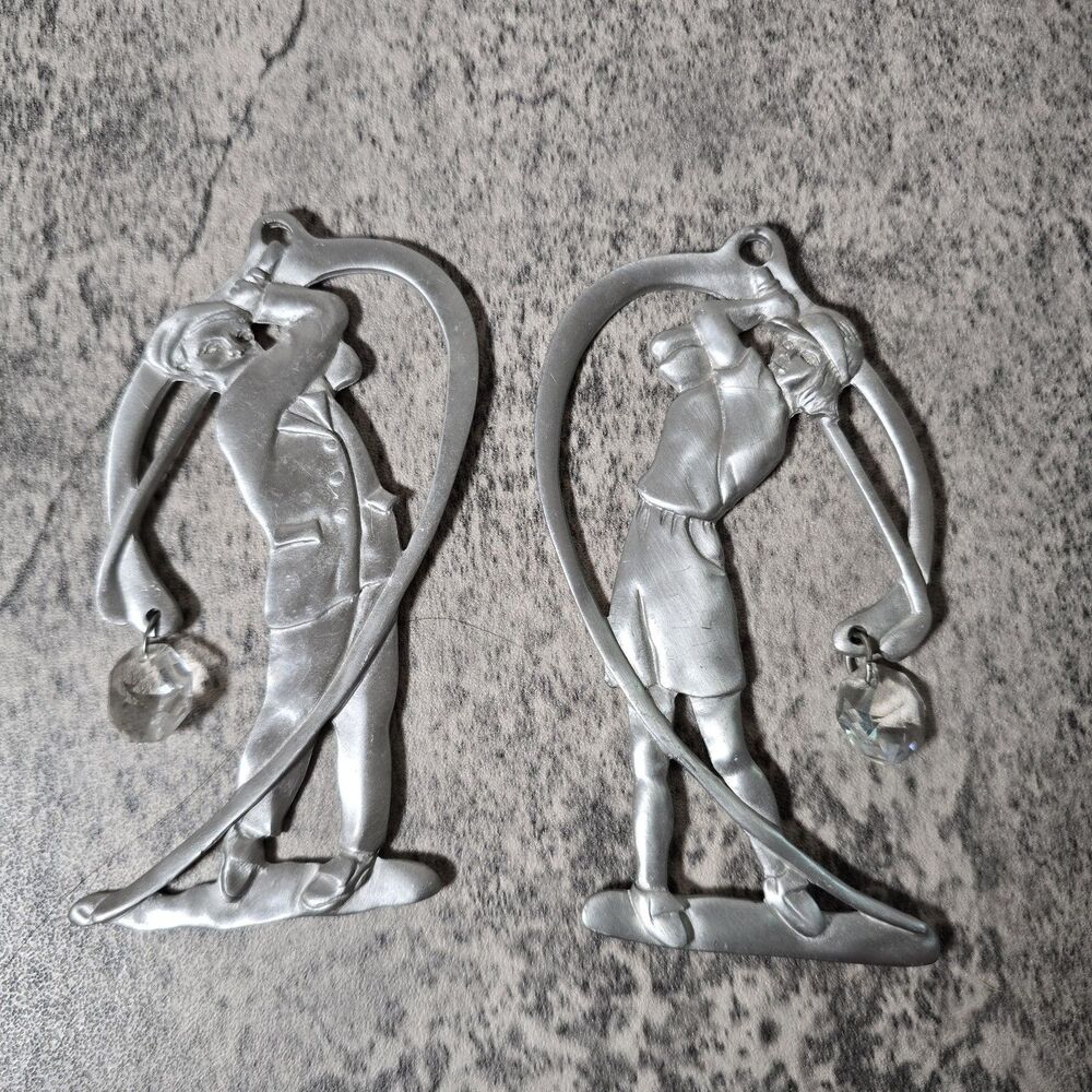 VTG OCEAN ART CANADA Carved PEWTER Golfer ORNAMENTS WITH DANGELING CRYSTAL 1998